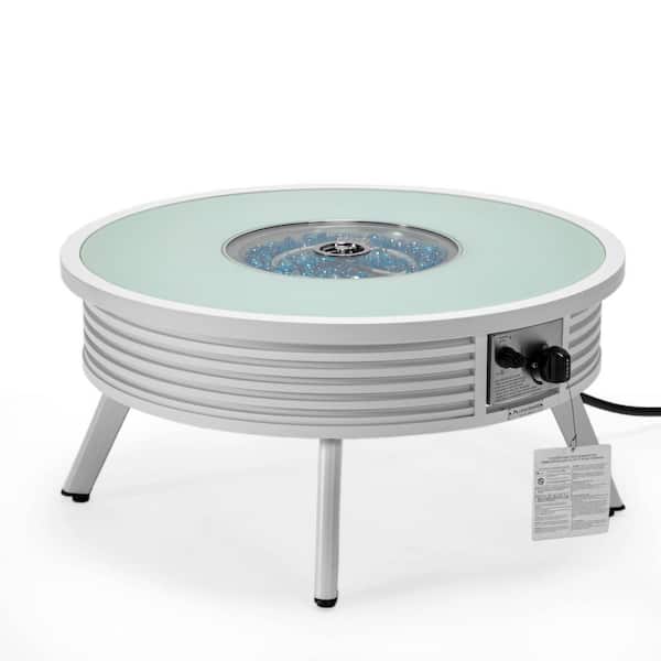 Walbrooke Modern White Patio Round Fire Pit Table with Aluminum Slats Frame
