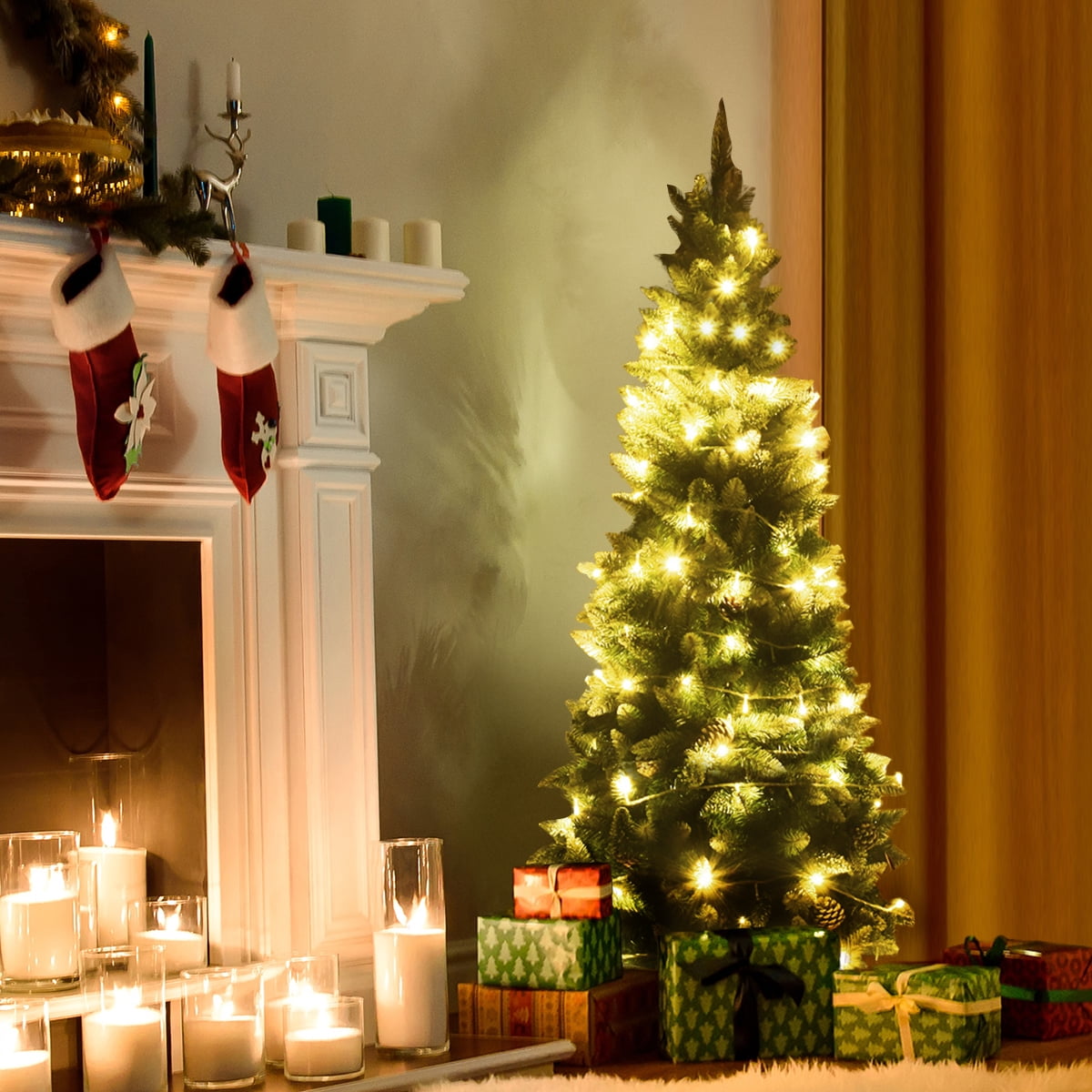 Costway 5ft Snow Flocked Unlit Pencil Christmas Tree Hinged Pine Cones