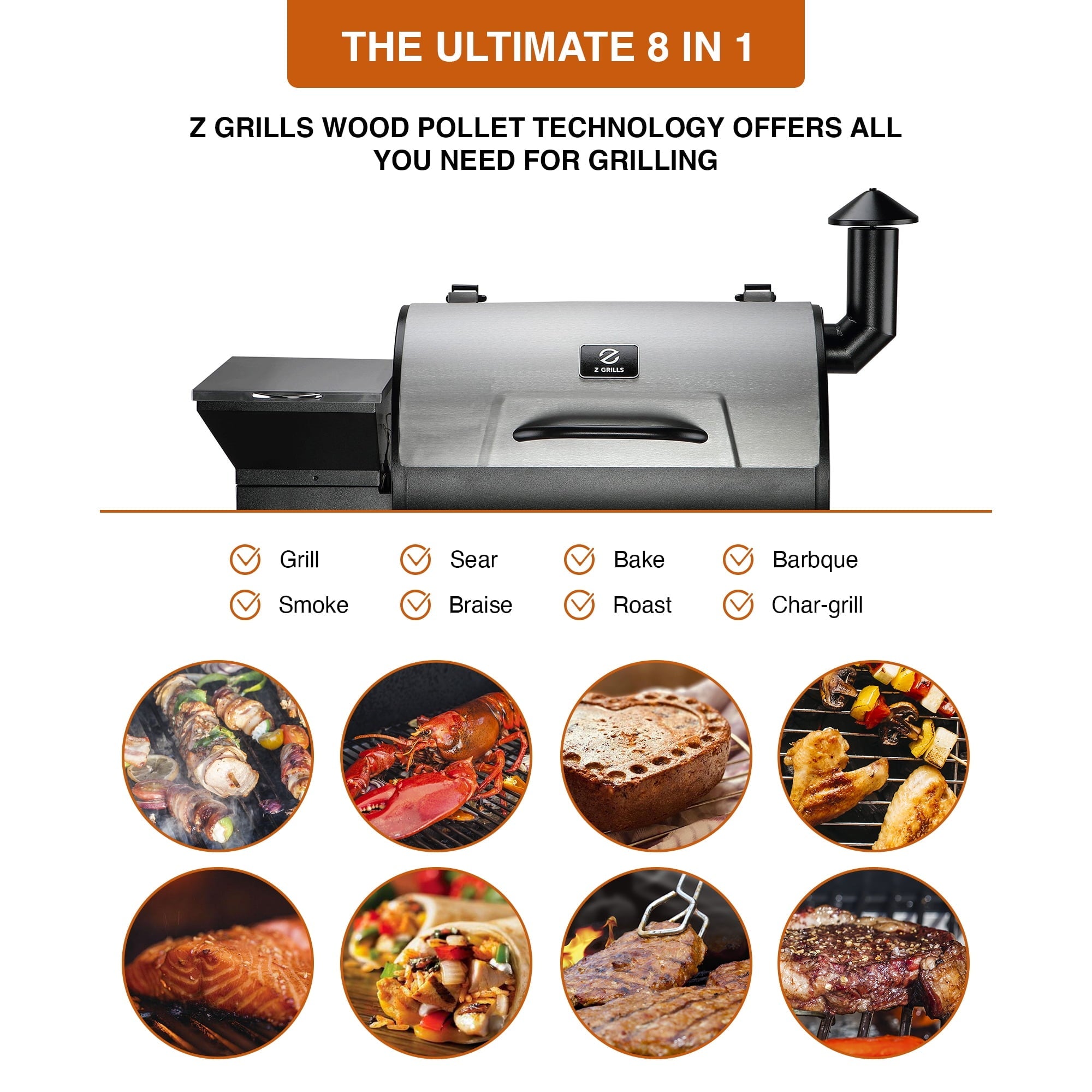 GRILLS ZPG-7002B3E 697 sq. in. Wood Pellet Grill and Smoker 8-in-1 BBQ Stainless Steel