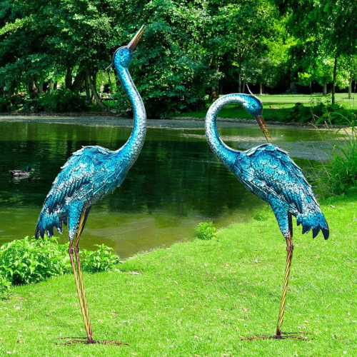 Kircust Garden Sculpture & Statues, Blue Heron Lawn Ornaments Standing Metal Cra