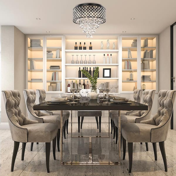 Alyvia 16 in. 4-Light Antique Black Glam Round Drum Flush Mount with Cascading Hanging Crystals