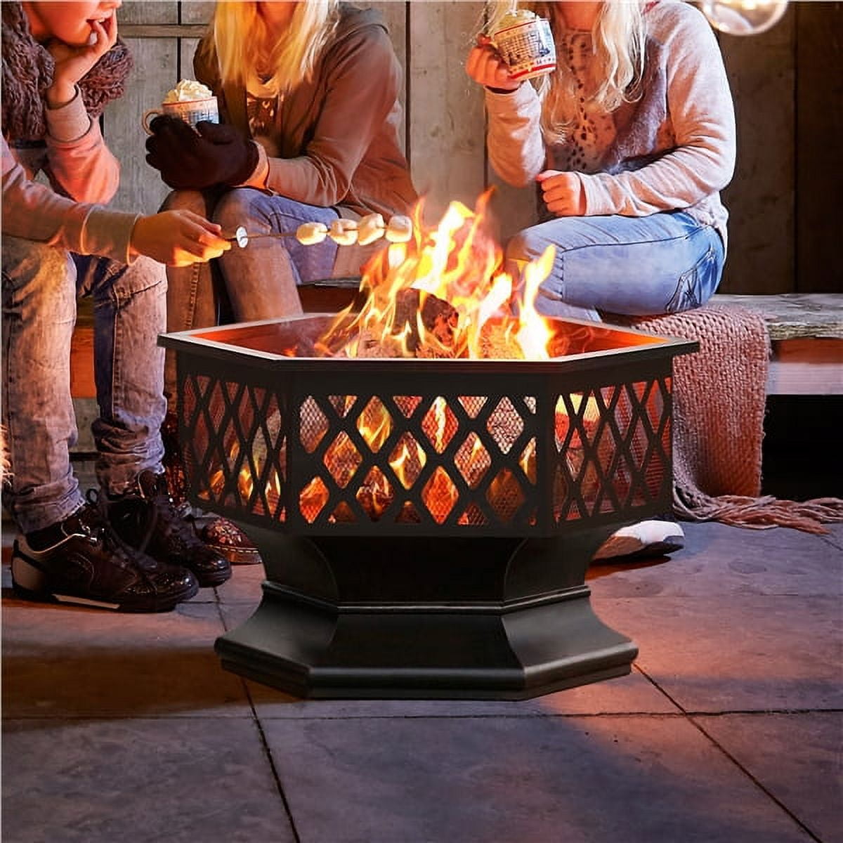 Easyfashion Heavy Duty Metal Fire Pit Hexagon Stove with Poker for Outdoor, Black