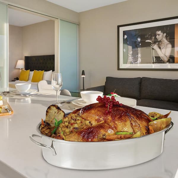 16 in. Silver Stainless Steel Oval Roasting Pan/Baking Tray with Lid and Rack