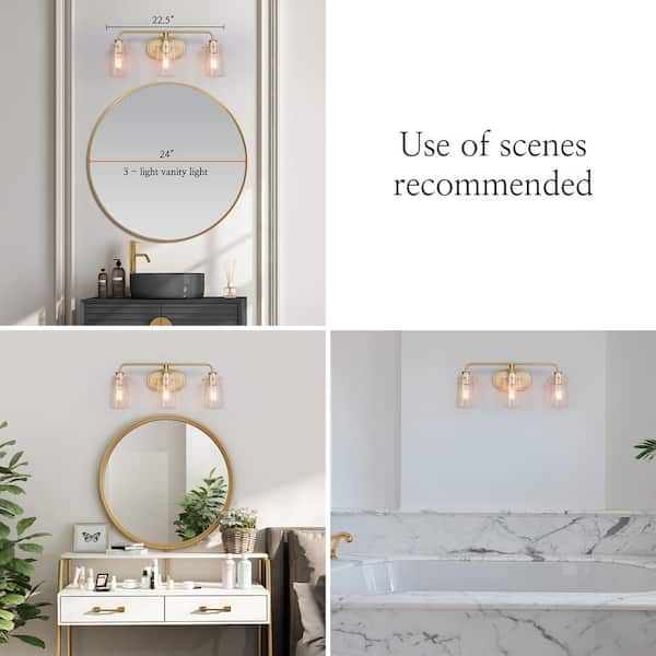 Modern Gold Bathroom Vanity Light Bar, 22.5 in. 3-Light Farmhouse Brass Wall Sconce with Seeded Glass Shades