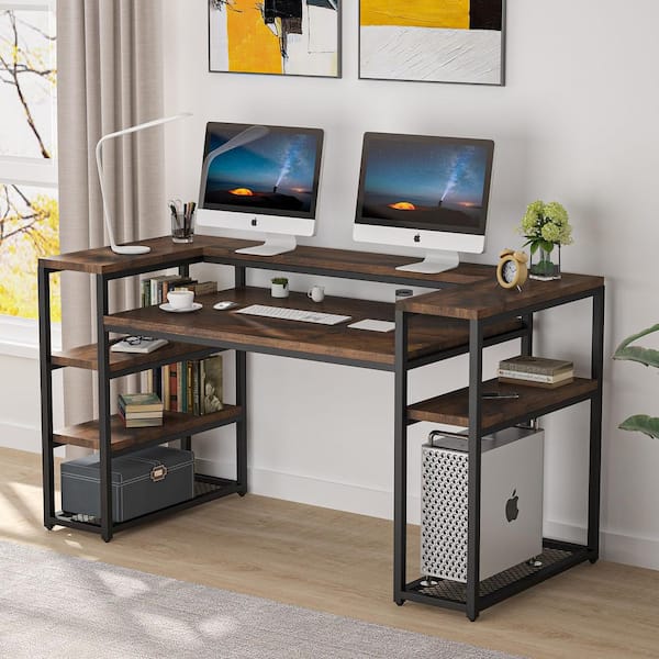 Heidi 63 in. Rectangular Black Metal Brown Particle Board Wood Computer Desk with Storage Shelves Monitor Printer Stand