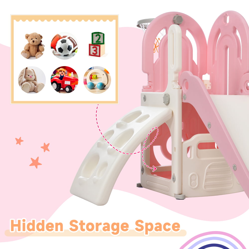 GERI 4 in 1 Toddler Climber and Slide Set with Basketball Hoop,Kids Climber & Bus Playhouse Slide Playse, Pink