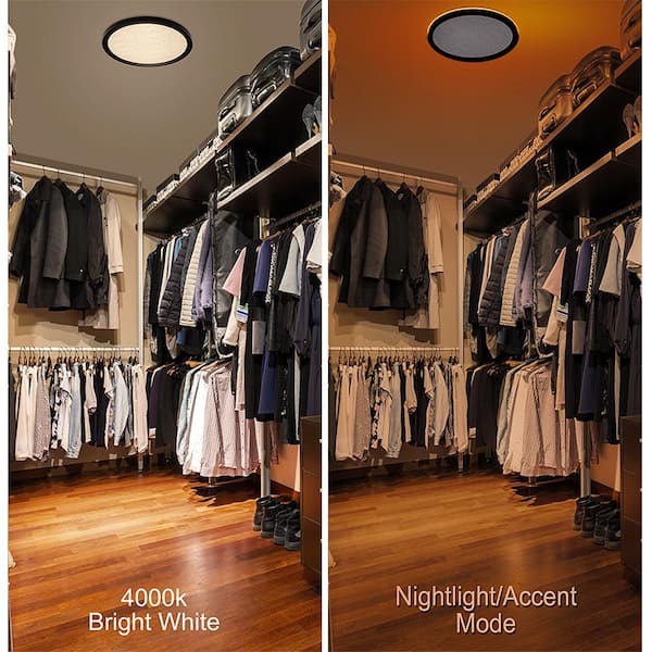 Low Profile 15 in. Round Crackle Lens Oil Rubbed Bronze LED Flush Mount with Night Light Feature