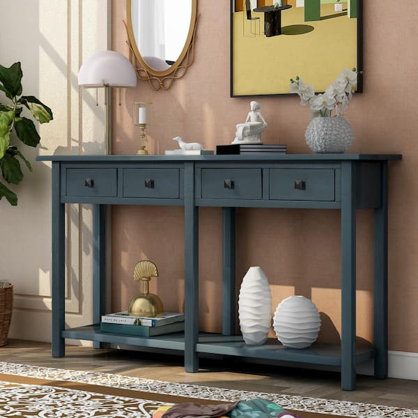59 Inch Long Console Table Sofa Table for Entryway with Drawers and Shelf Living Room Sideboard, Antique Navy