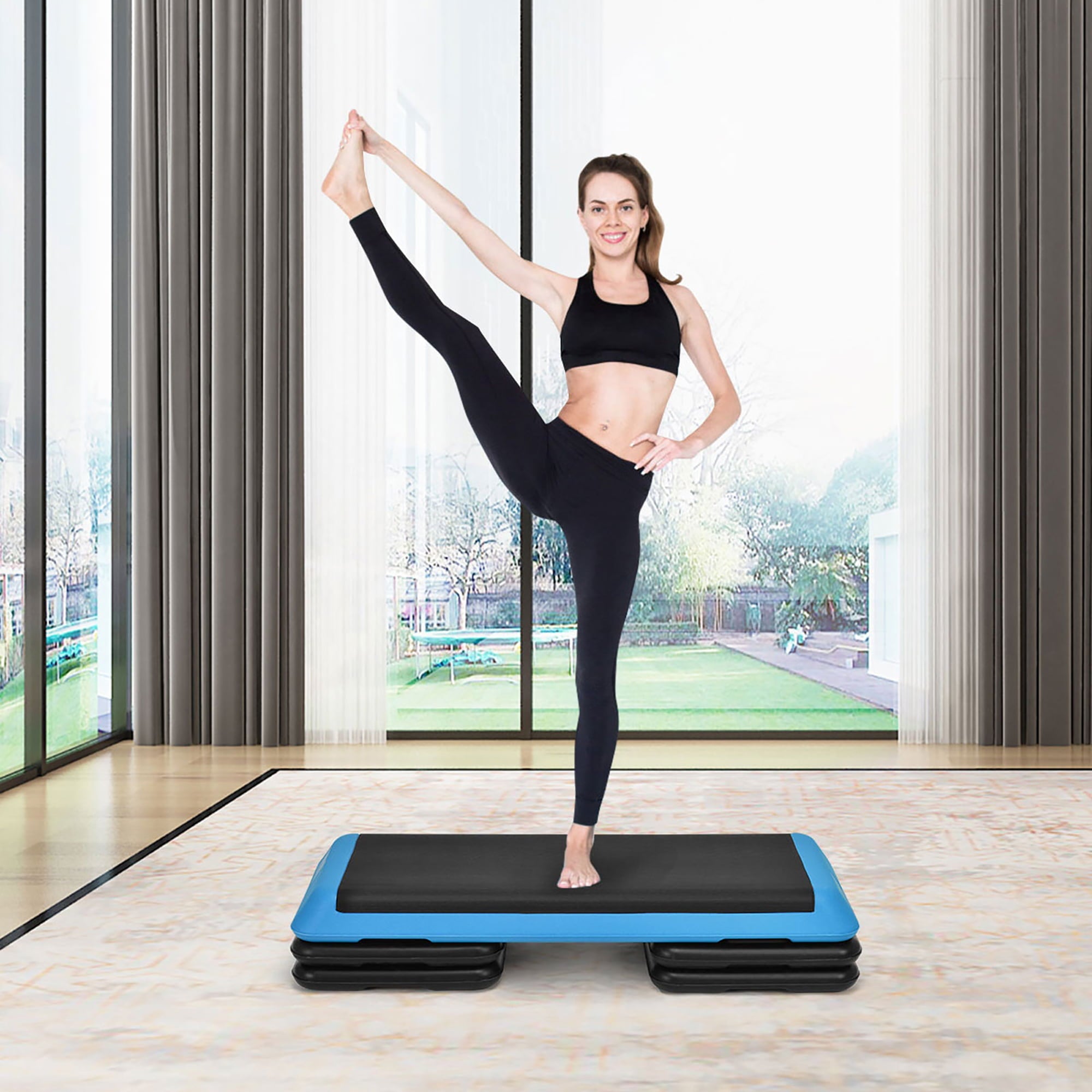 Costway Fitness Aerobic Step Cardio Adjust 4'' - 6'' - 8'' Exercise Stepper w/Risers Blue