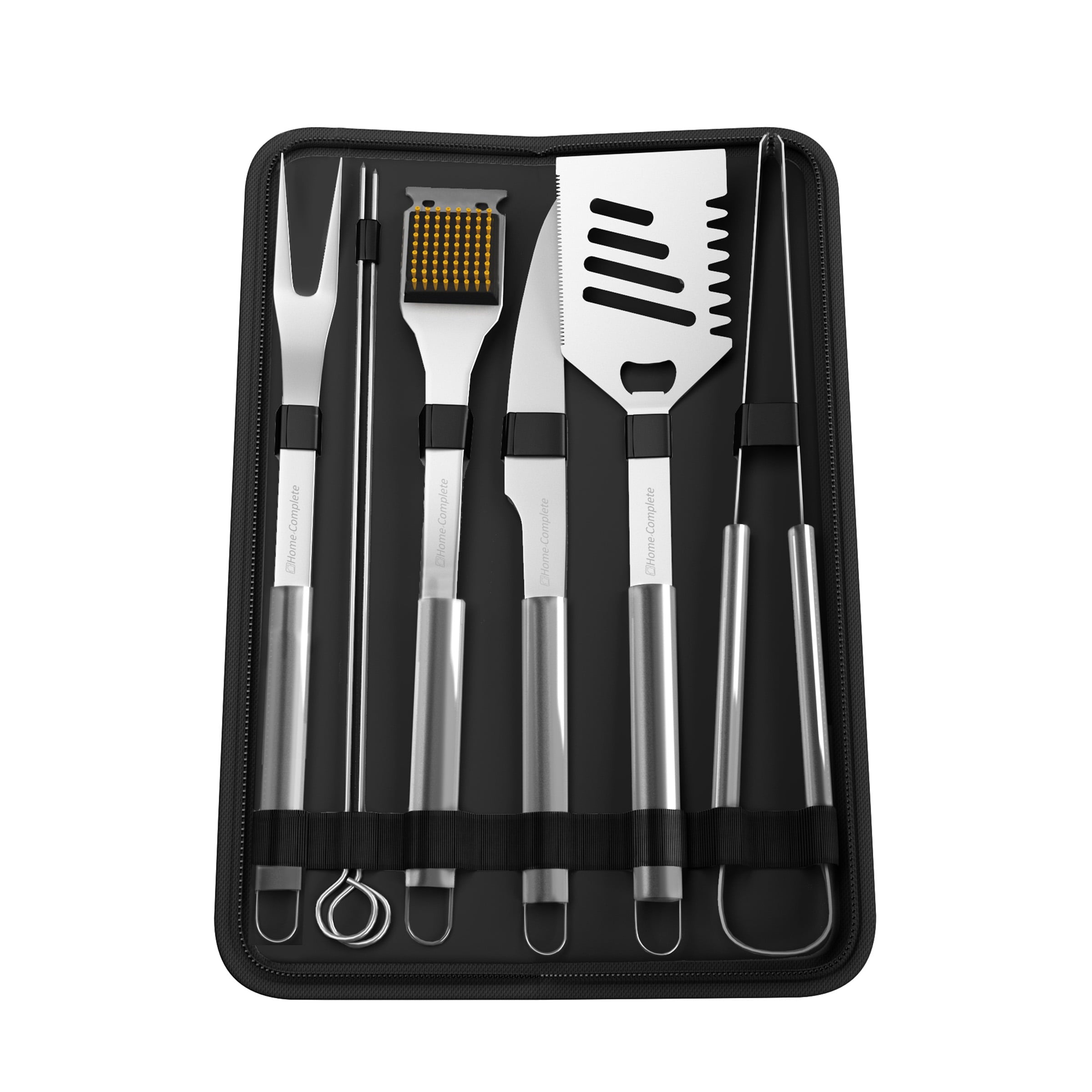 BBQ Grill Tool Set, Stainless Steel Barbecue Grilling Accessories with 7 Utensils and Carrying Case, Includes Spatula, Tongs, Knife by Home-Complete