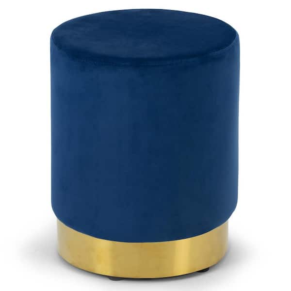 Anna Blue Velvet with Golden Accent Base Small Size Round Footstool Ottoman