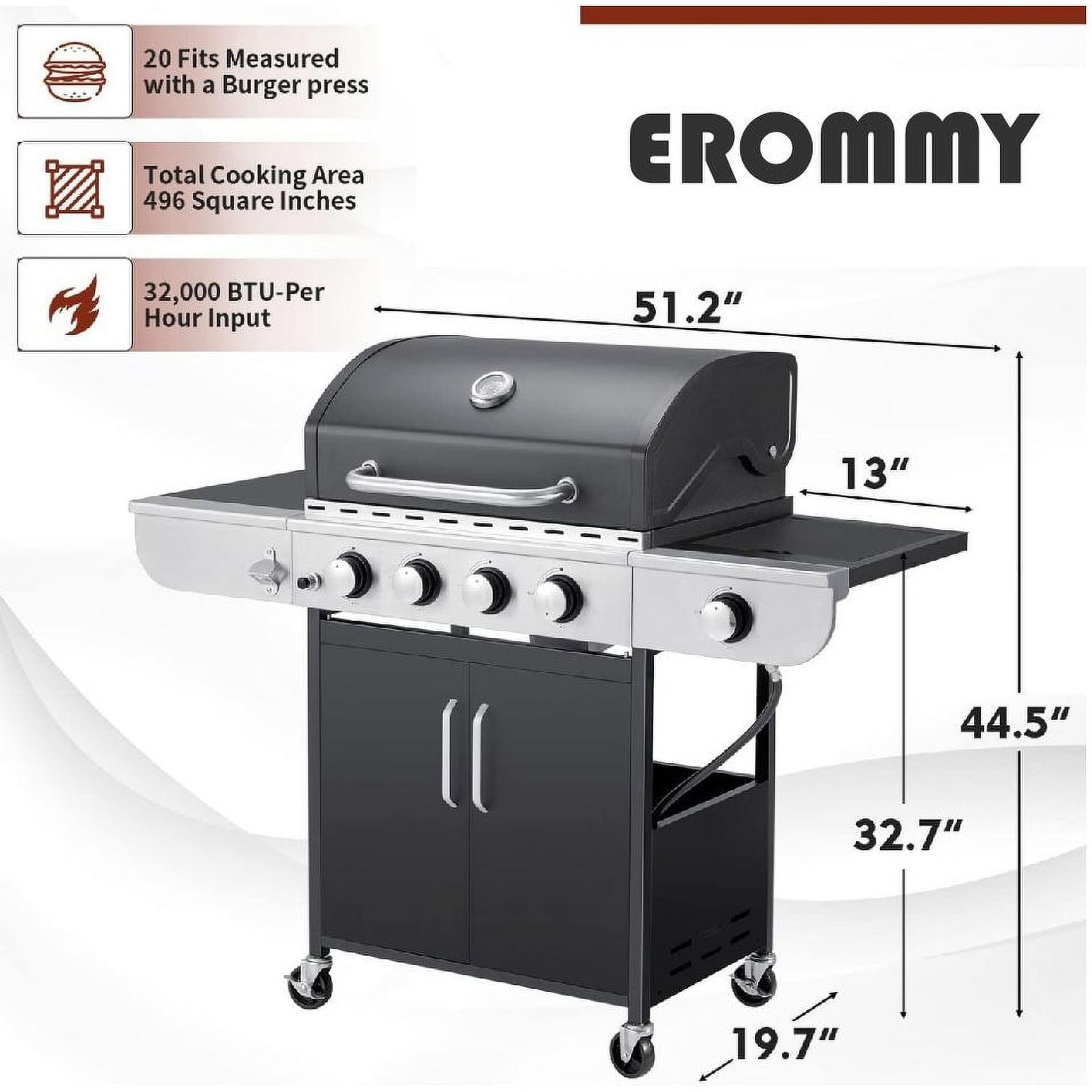 Erommy  3+1/ 4+1 Burner BBQ Propane Gas Grill, 24,000/ 36,000 BTU Stainless Steel Patio Barbecue Grill with Stove and Side Table 3+1 burner