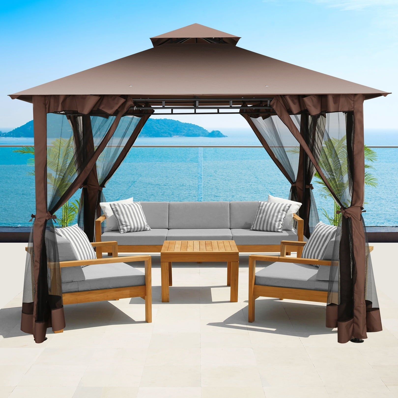 SANOPY 10' x10' Canopy Gazebo, Assembled Style Wrought Iron Gazebo Tent Can Accommodate 6-10 People with 4 Detachable Mosquito Net Side Walls, Rainproof&Sunproof Canopy Tent For Garden, Yard, Beach