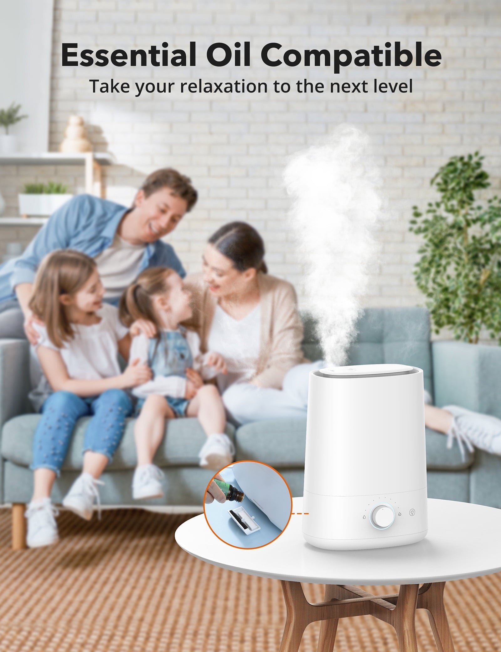 TaoTronics Humidifier, Top Fill 4.5L Ultrasonic Cool Mist Humidifiers with Essential Oil Tray, Nano-Coating, Auto Shut-off for Bedroom, Living Room, Home and Office, 100 sq ft, White