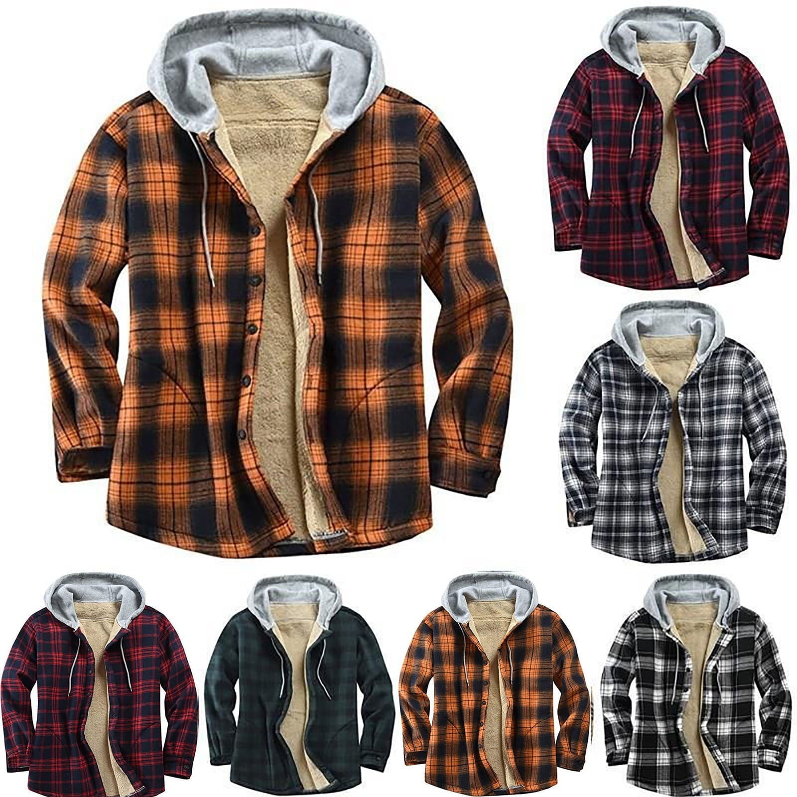 Men's Flannel Shirt Jacket Fleece Lined Plaid Coat Full Zip Up Hoodie Winter Outwear,Mens Sherpa Lined Zipper Hooded Plaid Shirt Jacket