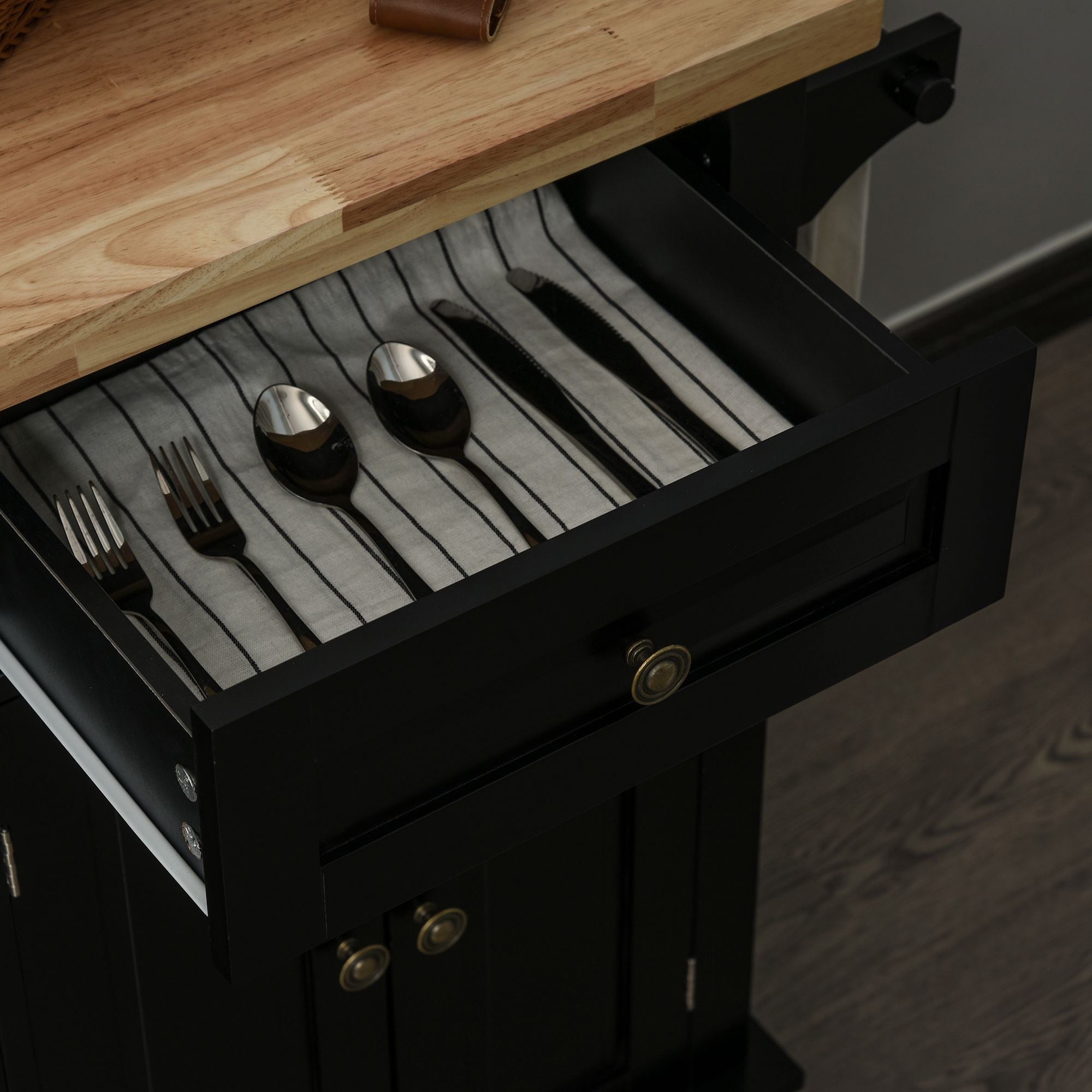 HomCom Rolling Kitchen Island Cart with Rubber Wood Top, Spice Rack, Towel Rack & Drawers