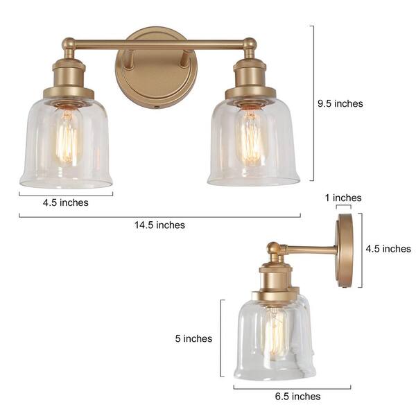 Coastal Bell Bathroom Vanity Light 2-Light Brass Gold Transitional Powder Room Wall Light with Clear Glass Shades
