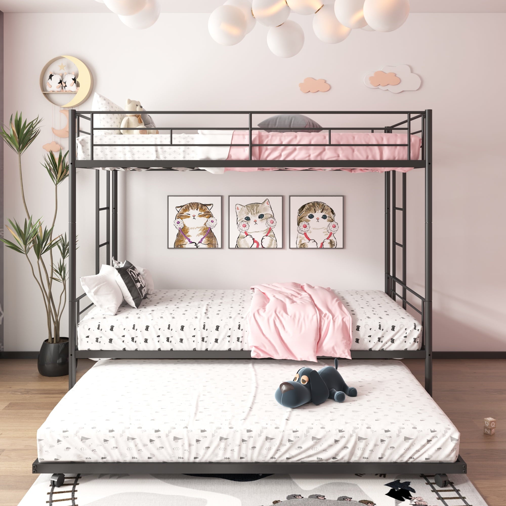 uhomepro Metal Twin Over Twin Bunk Beds with Trundle Bed, Twin Bunk Beds for Kids Adults Teens, Bunk Bed Can Be Divided Into 2 Twin Beds with Trundle, 2 Ladders, No Box Spring Need, Black