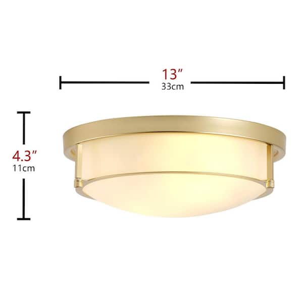 13 in. 2-Light Industrial Gold Flush Mount Farmhouse Close to Ceiling Light Fixture with White Glass Shade