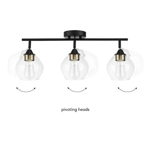 Harrow 2.07 ft. 3-Lights Matte Black Fixed Track Lighting Kit with Brass Accents and Clear Glass Shades, Bulbs Included