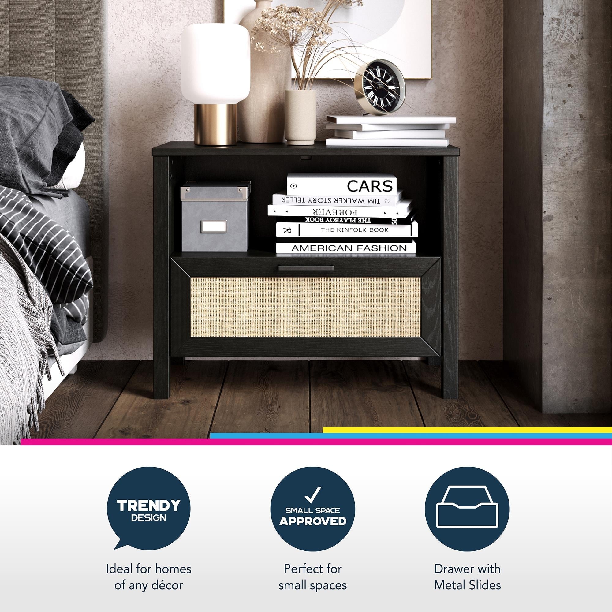 Queer Eye Wimberly 1 Drawer Nightstand, Natural with Faux Rattan