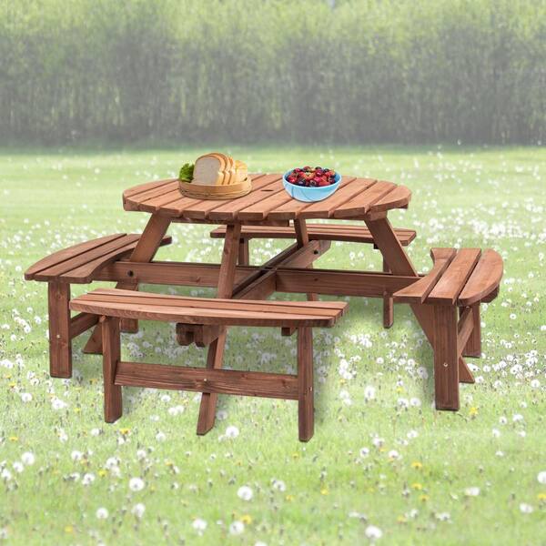 70.07 in. Brown Round Wood Picnic Table with 4-Built-in Benches, 8-Person Outdoor Camping Dining Table