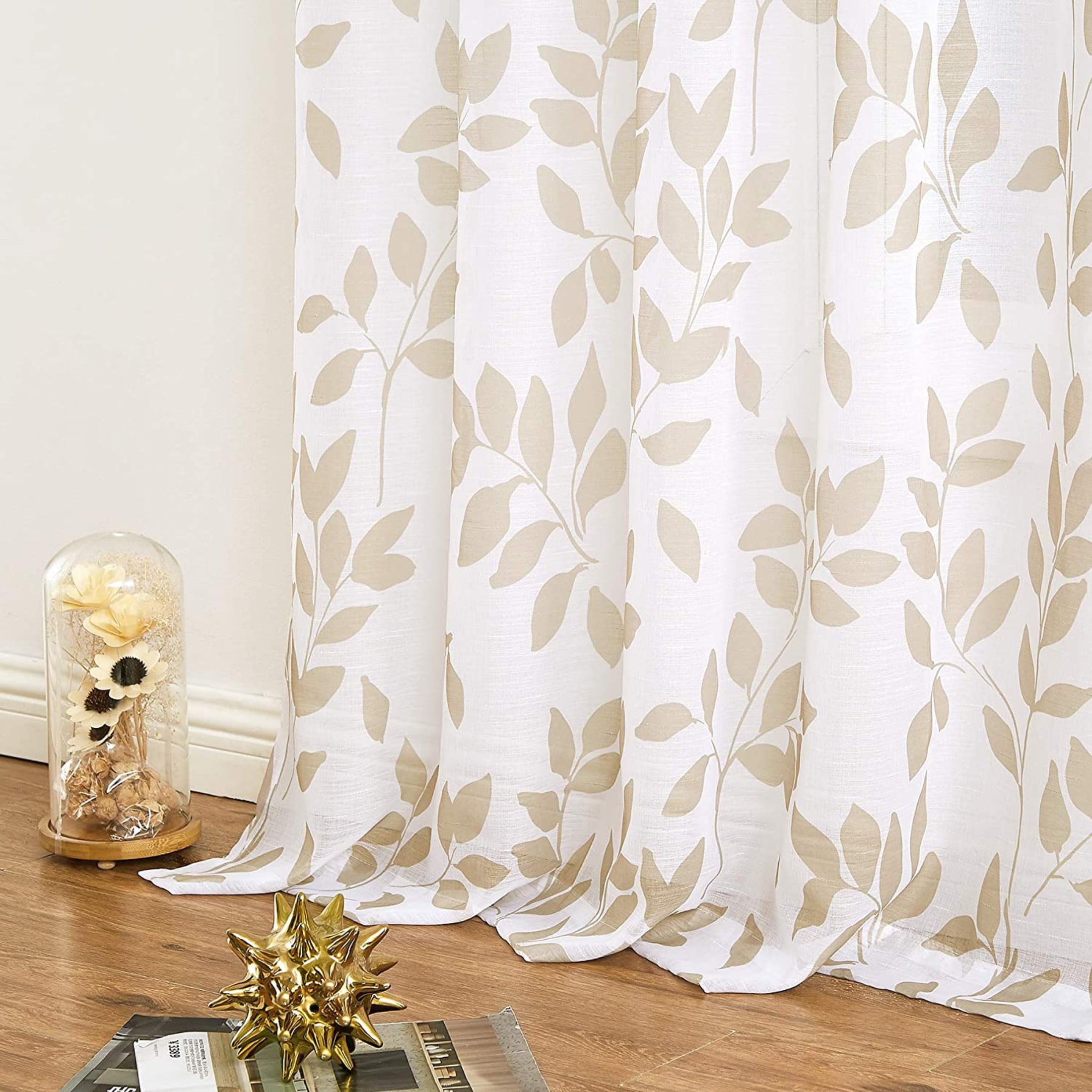 Exultantex Linen Texture Leaf Botanical Rod Pocket Sheer Curtain,50