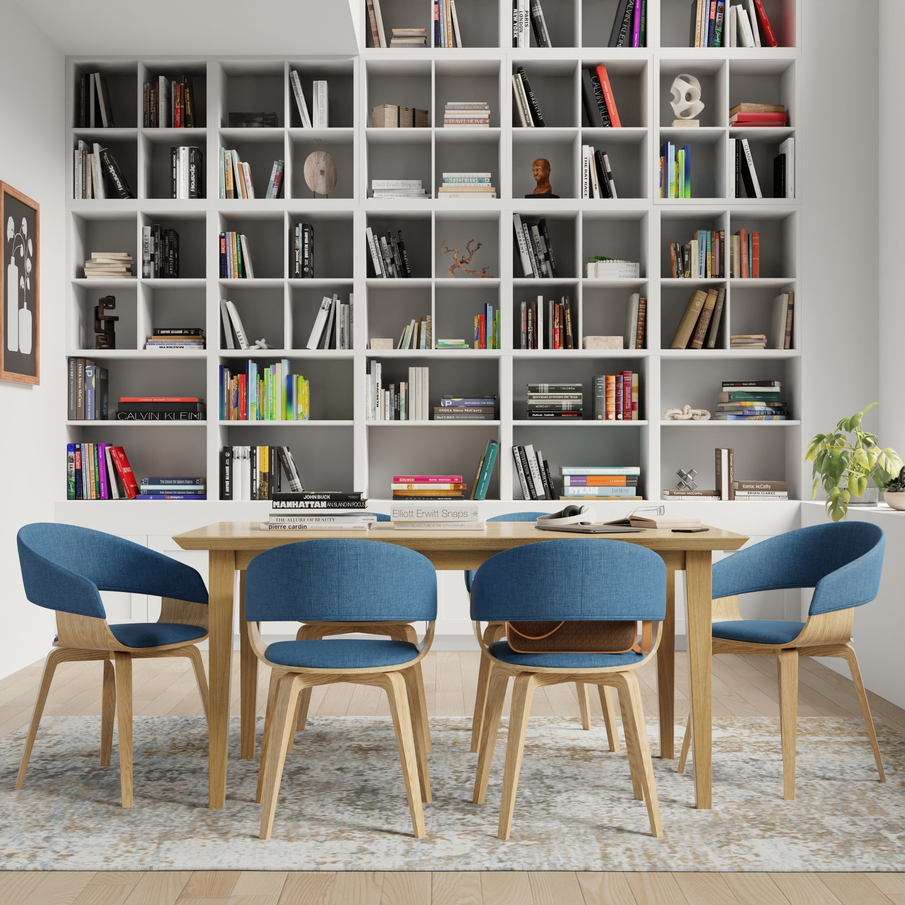 Simpli Home Lowell Mid Century Modern Bentwood Dining Chair with Light Wood in Blue Polyester linen