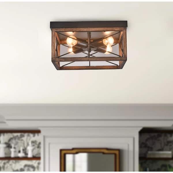 12.6 in. 4-Light Farmhouse Rustic Square Wooden Flush Mount Ceiling