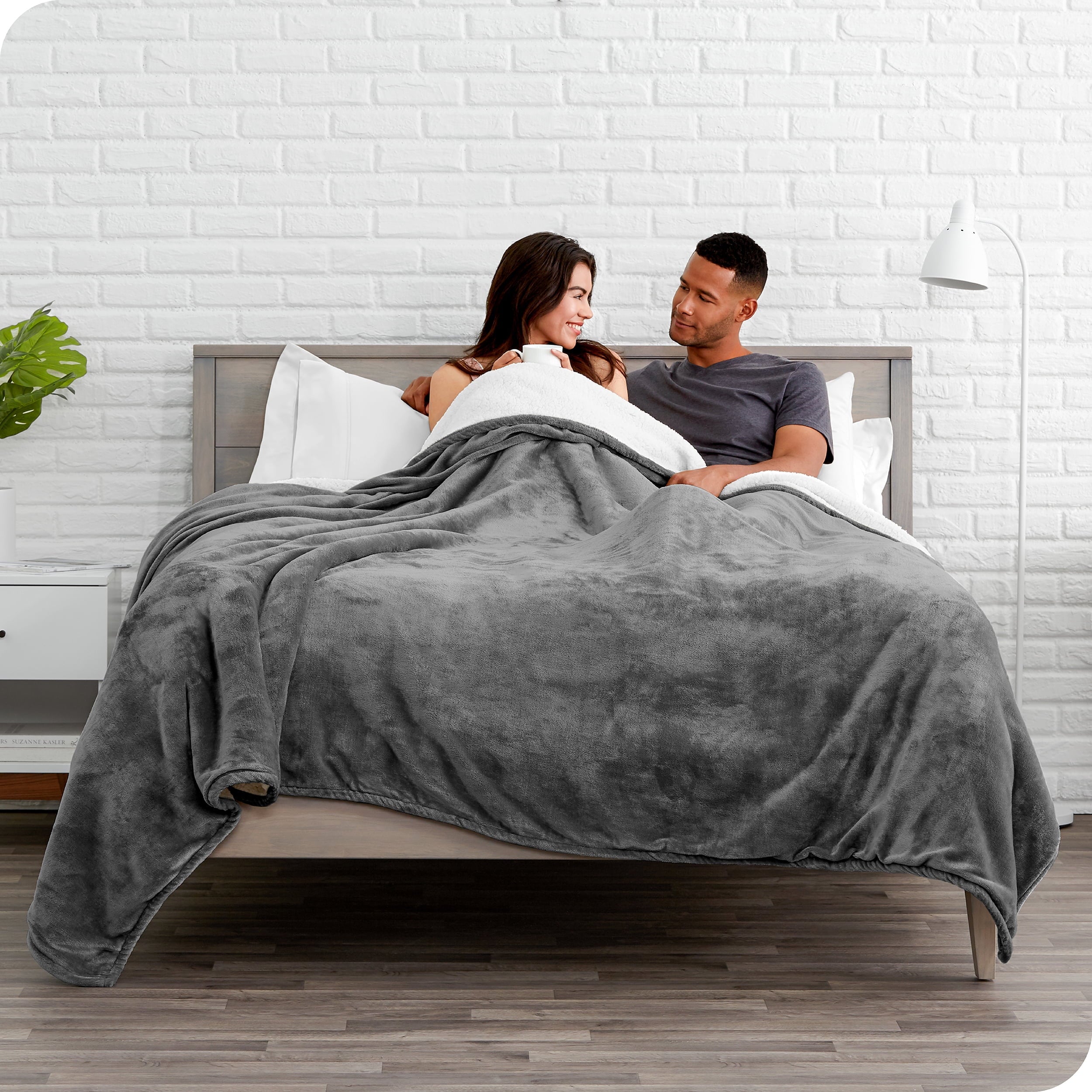 Bare Home Plush Sherpa Bed Blanket - Fluffy & Soft - Reversible - Lightweight - Full/Queen, Gray