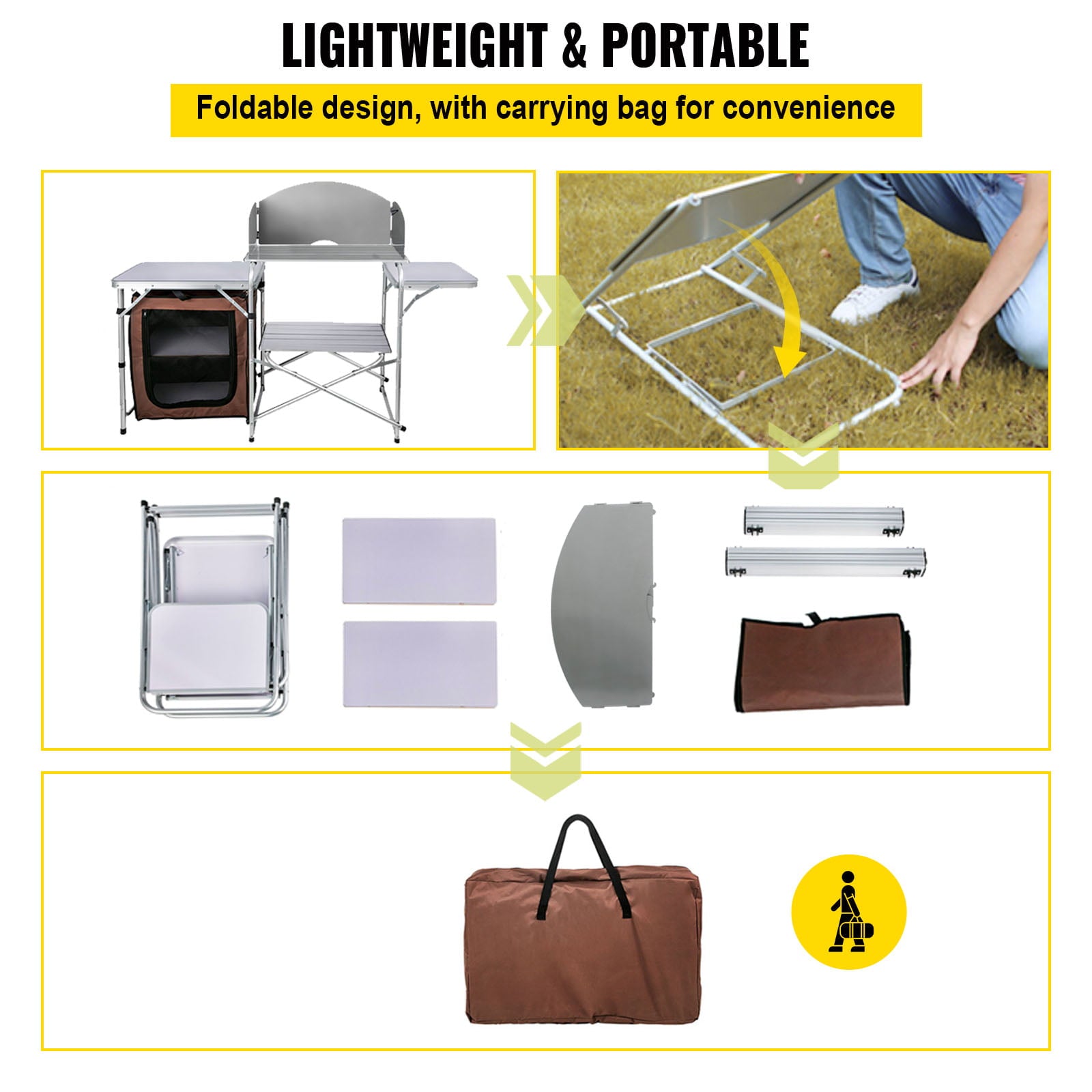 Camping Kitchen Station, Aluminum Portable Folding Camp Cook Table with Windshield, Storage Organizer and 4 Adjustable Feet, Quick Installation for Outdoor Picnic Beach Party Cooking, Brown