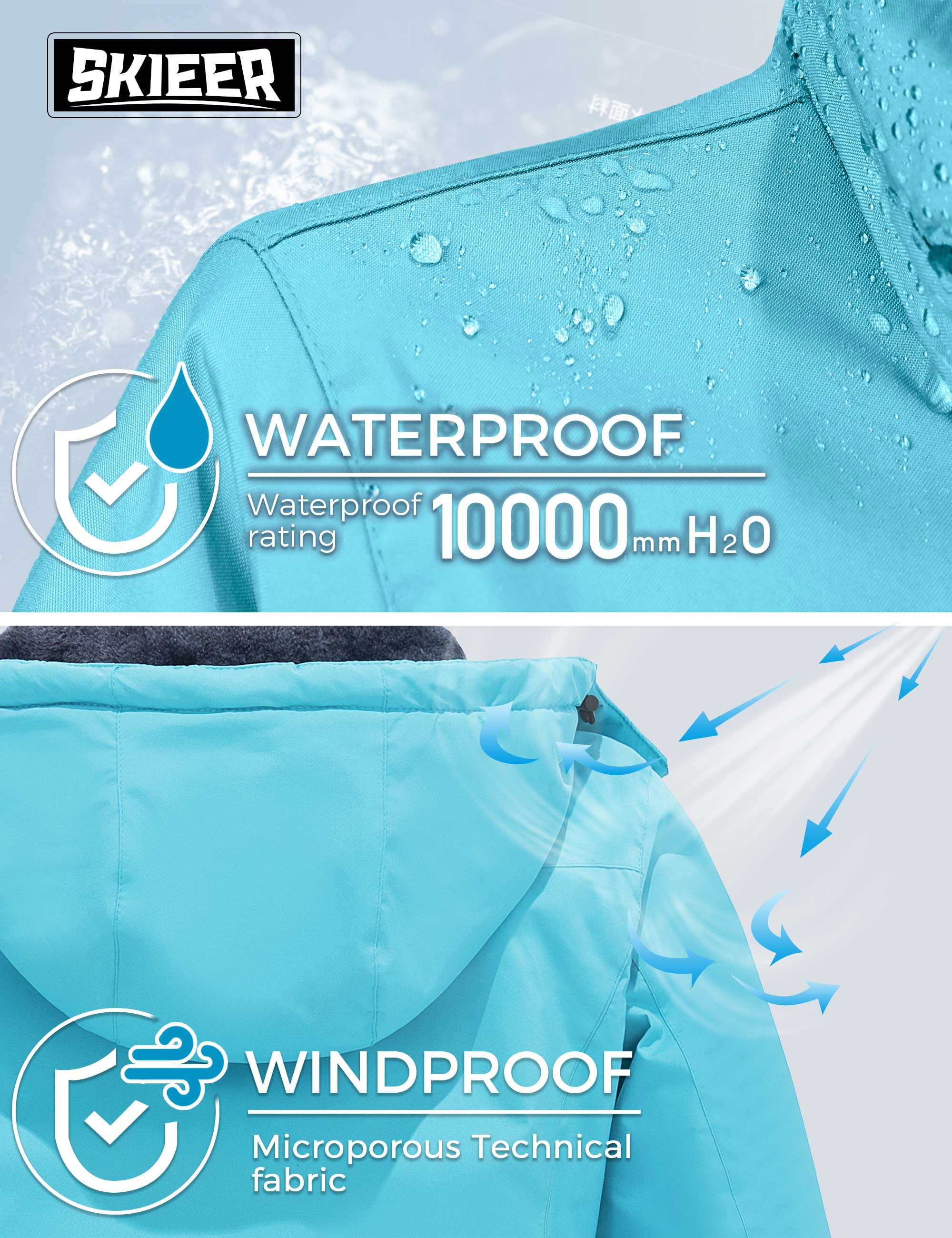 Skieer Women's Waterproof Ski Jacket Windproof Rain Jacket Winter Warm Hooded Coat Light Blue Small