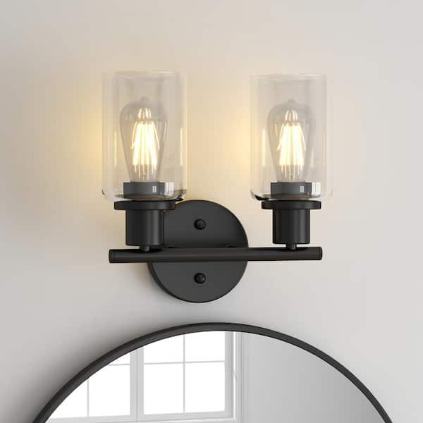 10.44 in. 2-Light Matte Black Bathroom Vanity Light with Clear Glass Shades