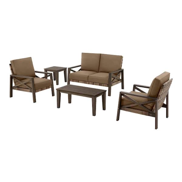 Lakehaven Dark Grey 5-Piece Wood Patio Conversation Set with CushionGuard Earth Brown Cushion