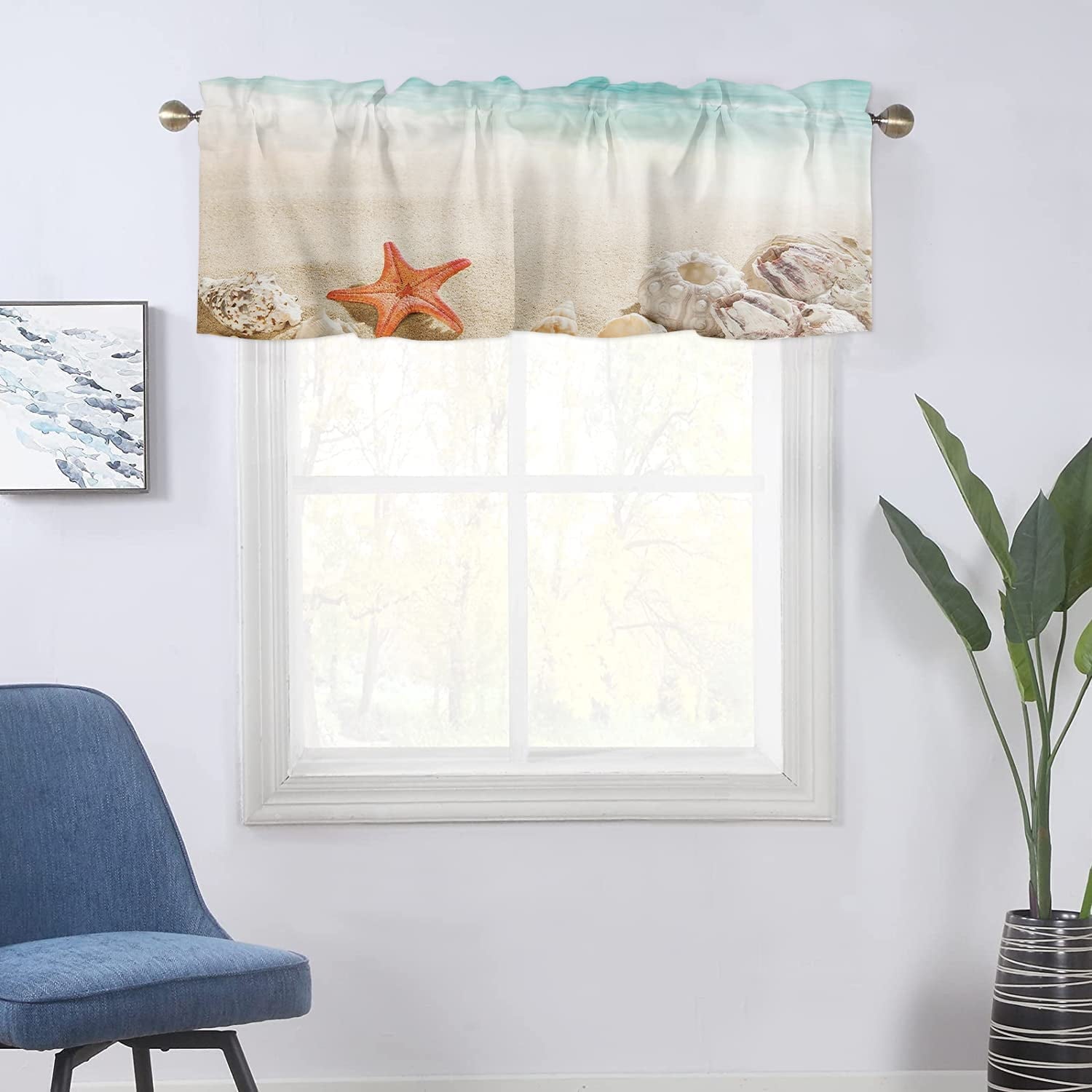 PKQWTM Starfishes Seashells Sandy Beach Window Curtain Valance Rod Pocket 54x18 inch