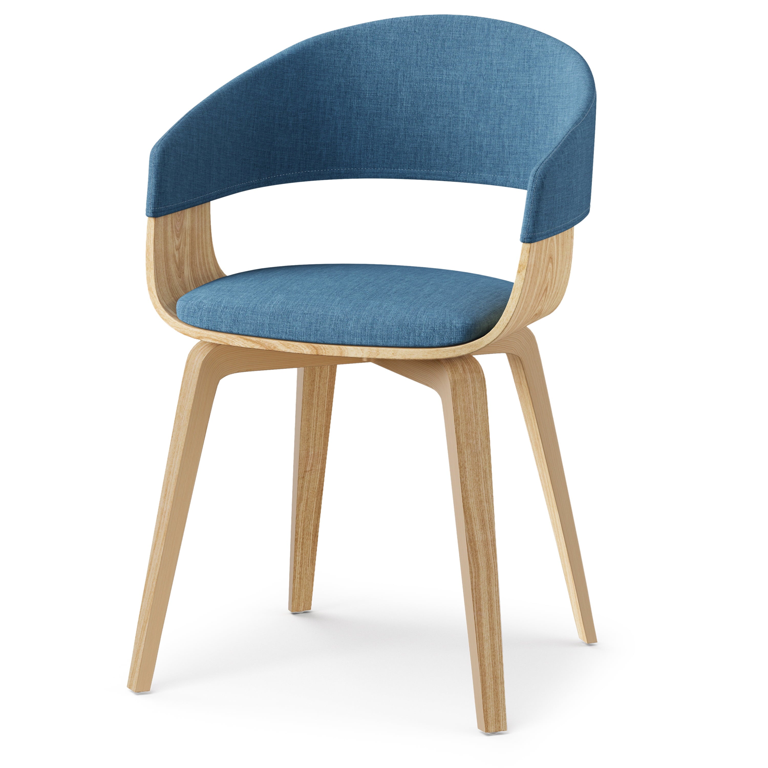 Simpli Home Lowell Mid Century Modern Bentwood Dining Chair with Light Wood in Blue Polyester linen