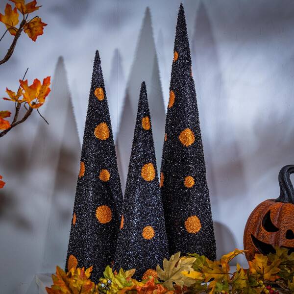 Assorted Black and Orange Glitter Halloween Cone Trees (Set of 3)