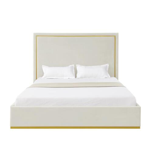 Creed Bed Beige Velvet Queen Upholstered Powder Coated Gold Frame and Base
