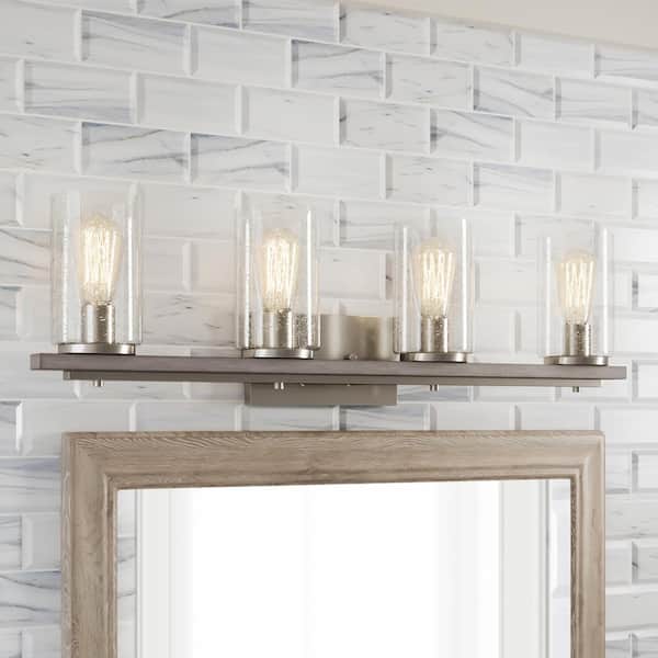 Boswell Quarter 33-1/4 in. 4-Light Brushed Nickel Farmhouse Vanity Light with Painted Weathered Gray Wood Accents