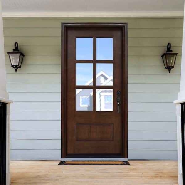36 in. x 80 in. Savannah Left-Hand 6 Lite Clear Stained Mahogany Wood Prehung Front Door
