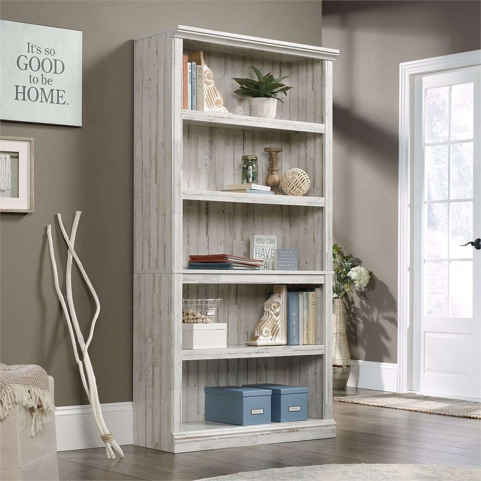 Pemberly Row Contemporary 5-Shelf Tall Wood Bookcase in White Plank