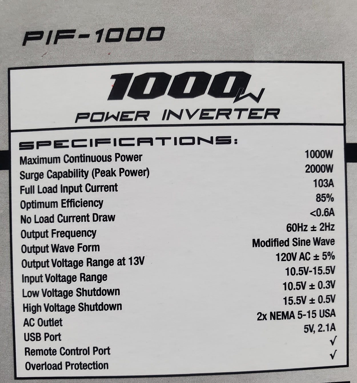 Schumacher PIF-1000 1000 Watt / 2000 Peak Watt Power Inverter