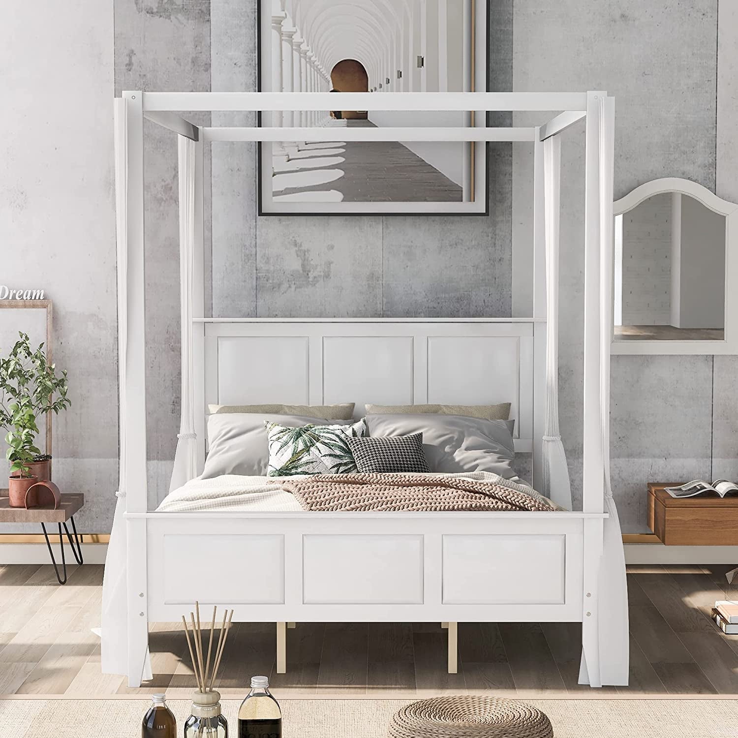 THINK 30,Queen Size Canopy Platform Bed with Headboard and Footboard,Slat Support Leg,White