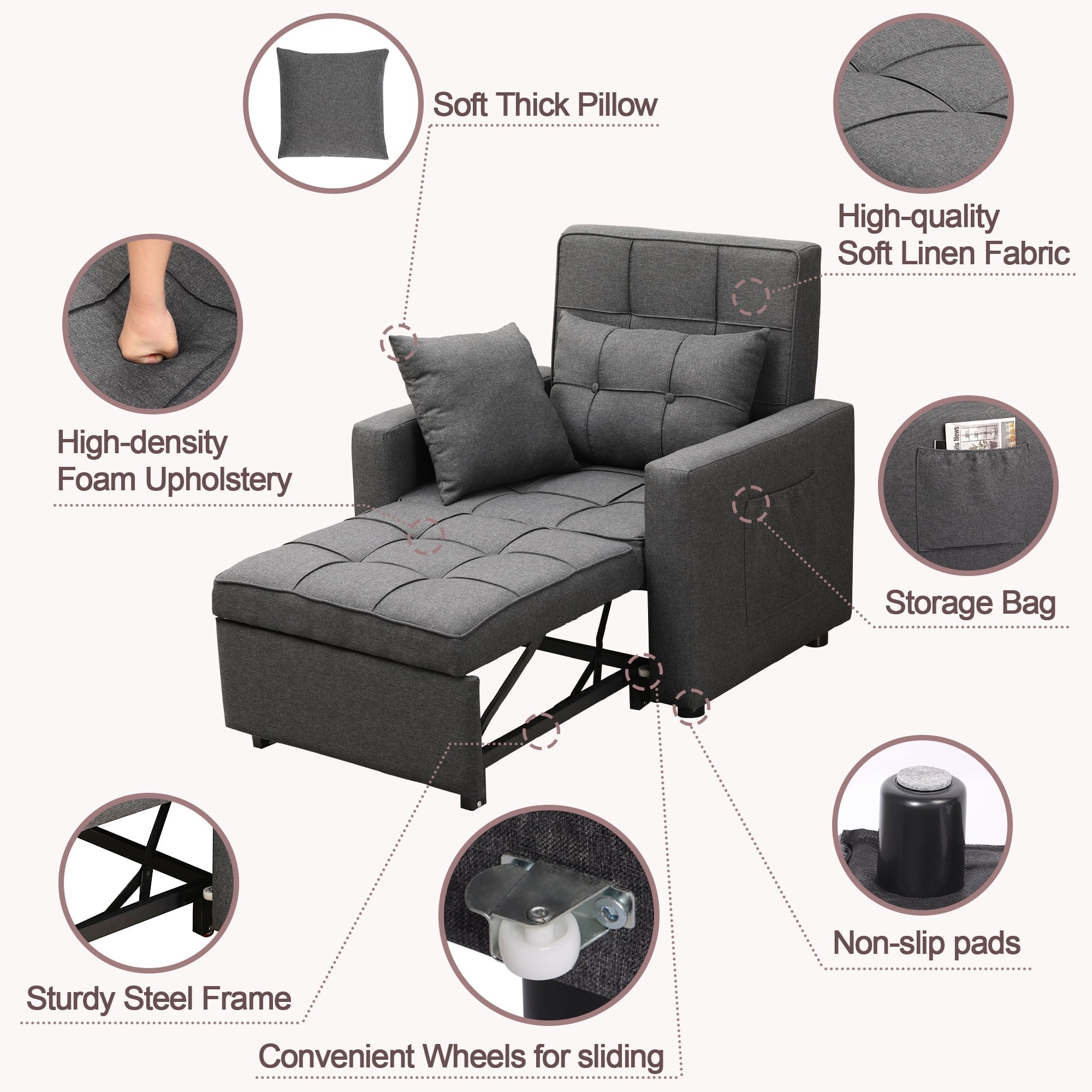 Tolead 3-in-1 Convertible Sofa Bed Sleeper Chair with Adjustable Backrest, Gray