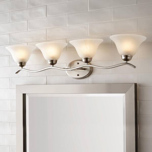 Andenne 34.3 in. 4-Light Transitional Brushed Nickel Bathroom Vanity Light Fixture with Marbleized Glass Shades