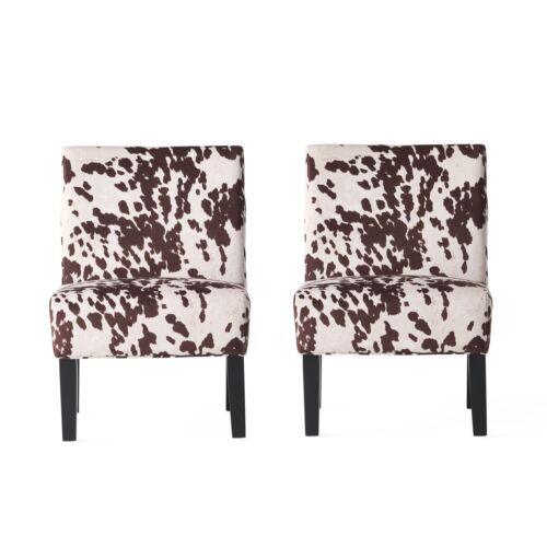 Saloon Contemporary Fabric Slipper Accent Chair (Set of 2) Cow Print+Matte Black
