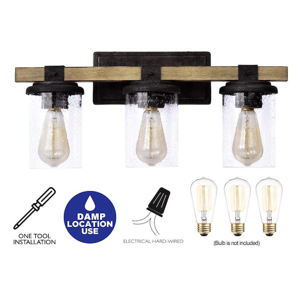 3-Light 22 in. Woodgrain and Rustic Black Vanity Light with Clear Seeded Glass