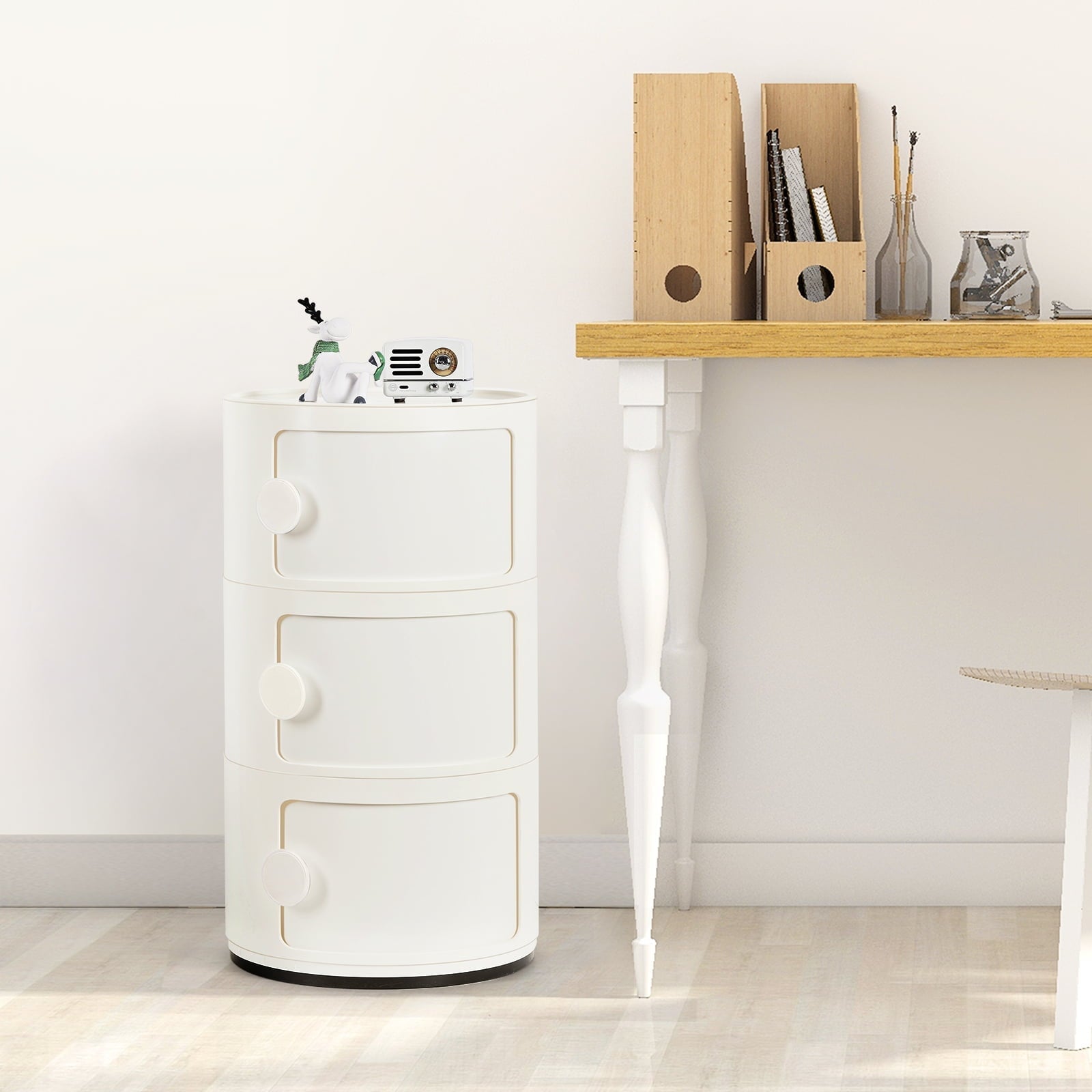 3 Drawer Sliding Barrel Modern Bedroom Nightstand, White