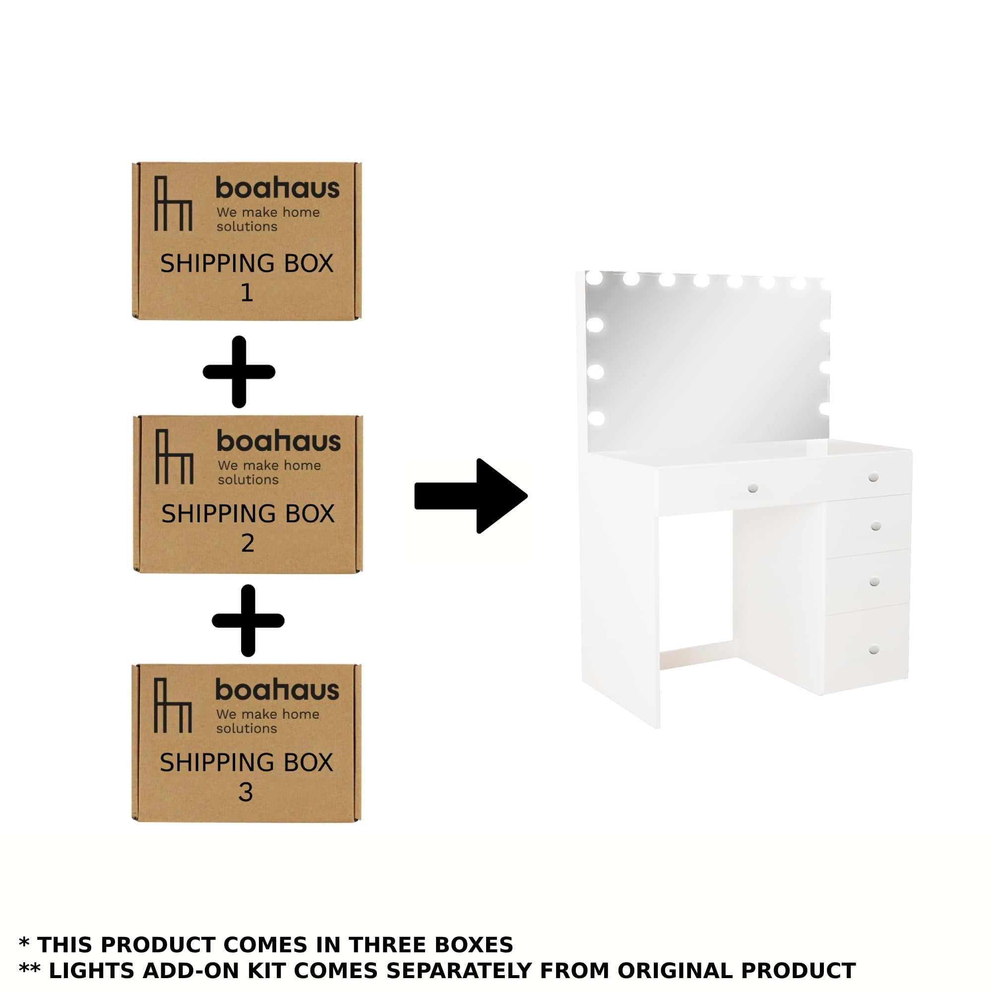 Boahaus Saranya Modern Vanity Desk with Light Bulbs, 5 Drawers, White