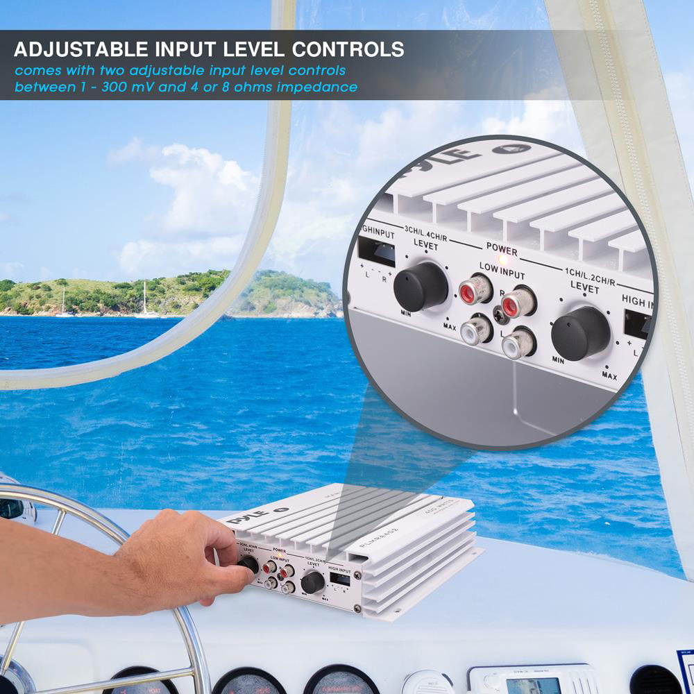 Pyle Hydra Marine Amplifier - Upgraded Elite Series 400 Watt 4 Channel Audio Amplifier - Waterproof, Dual MOSFET Power Supply, GAIN Level Controls, RCA Stereo Input & LED Indicator - PLMRA402